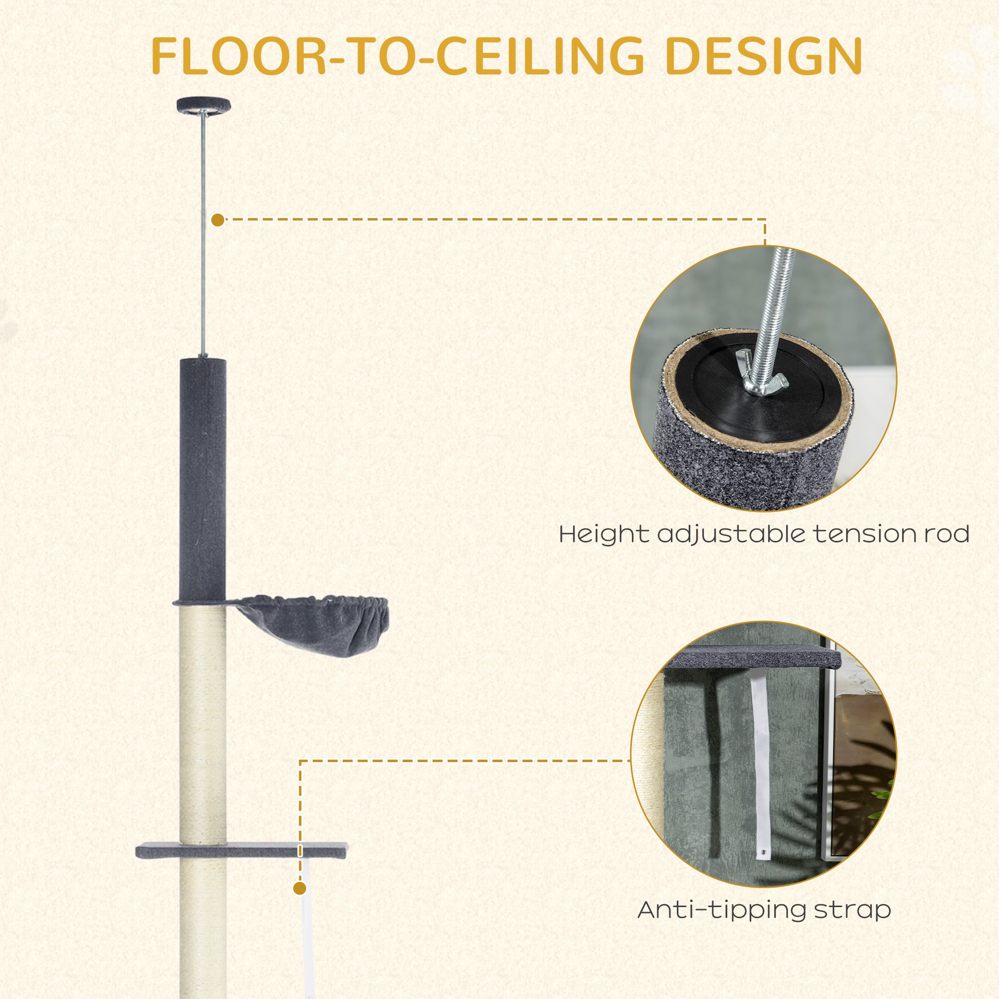 Floor-to-Ceiling Cat Tree 5-Tier, 95¨C106in Adjustable Height, Bed & Hammock, Scratching Posts with Toy, Indoor Cat Tower, Dark Gray/Cream