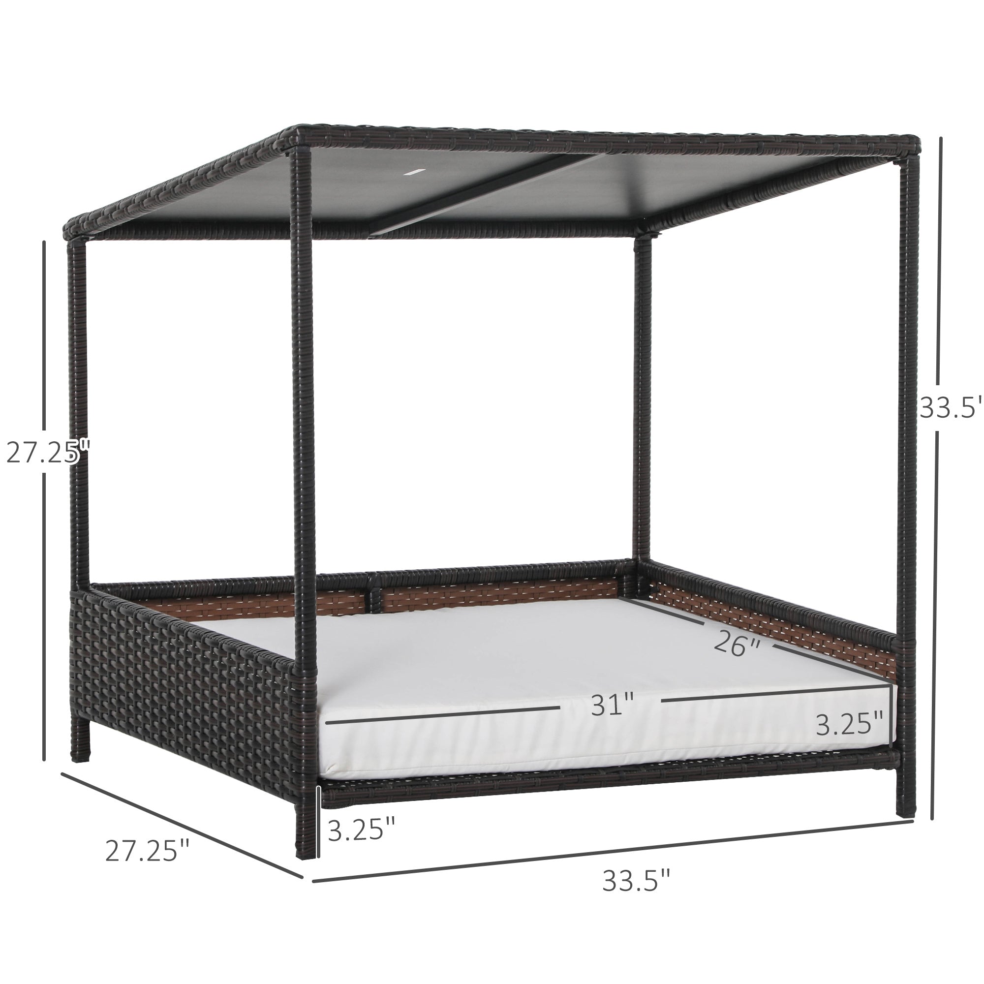 Wicker Dog House Raised Rattan Puppy Bed Cat Shelter for Indoor Outdoor Garden Patio Pet Sofa with Removable Cushion for Medium Sized Pet Brown
