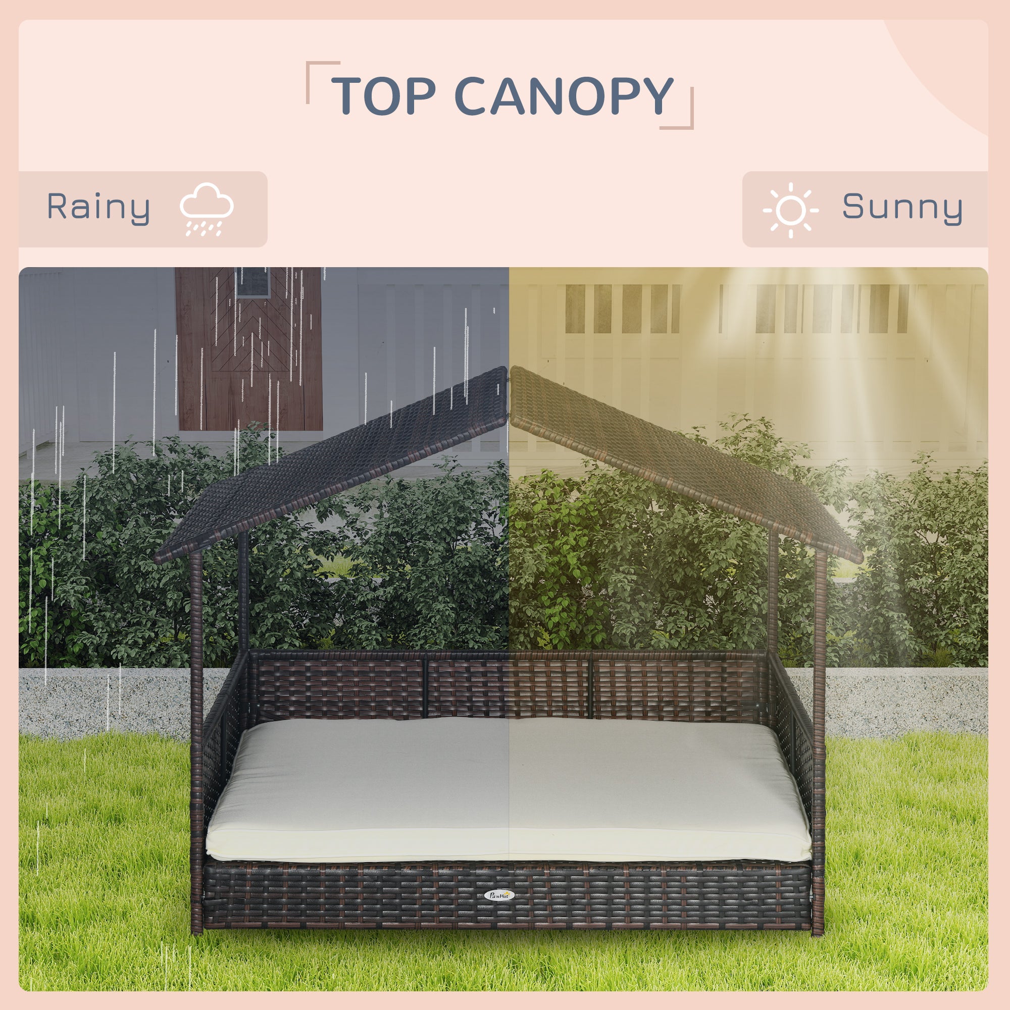 Outdoor Dog Bed with Canopy, Rattan Dog Bed with Soft Cushion Removable Cover for Medium and Large Dogs, Cream White