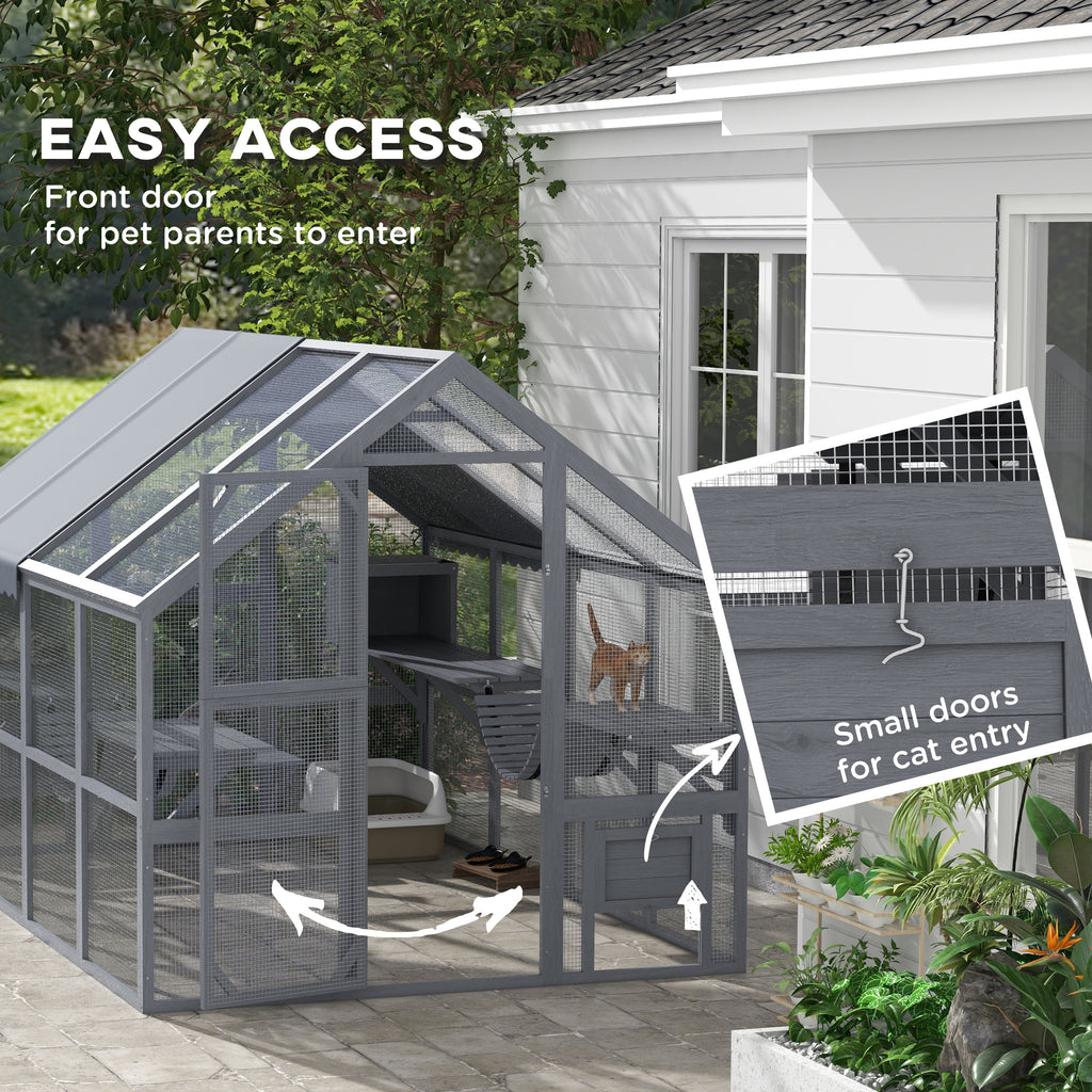Wooden Catio Outdoor Cat Enclosure with Waterproof Cover, 2 Condos, 6 Platforms, Bridge, Doors, Gray