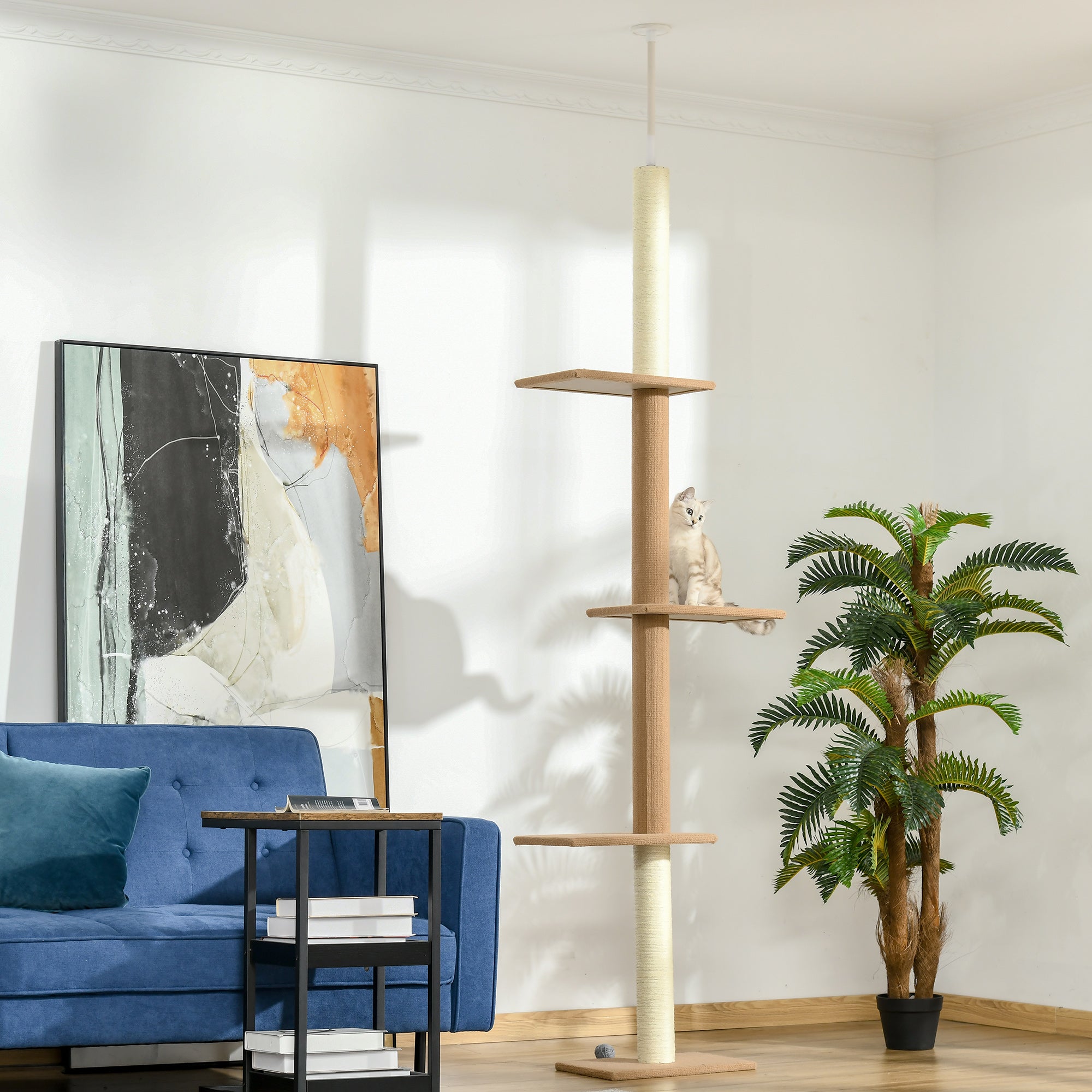 Light Brown Floor to Ceiling Cat Tree - Adjustable Height 4-Tier Cat Tower with Sisal Scratching Posts, Stable Activity Center Furniture for Indoor Kittens