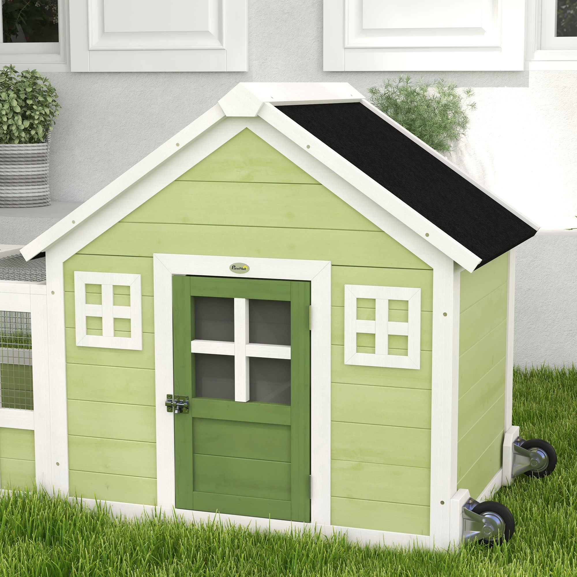 64 Inch Rabbit Hutch with Asphalt Roof, Handle, Wheels, Multicolo