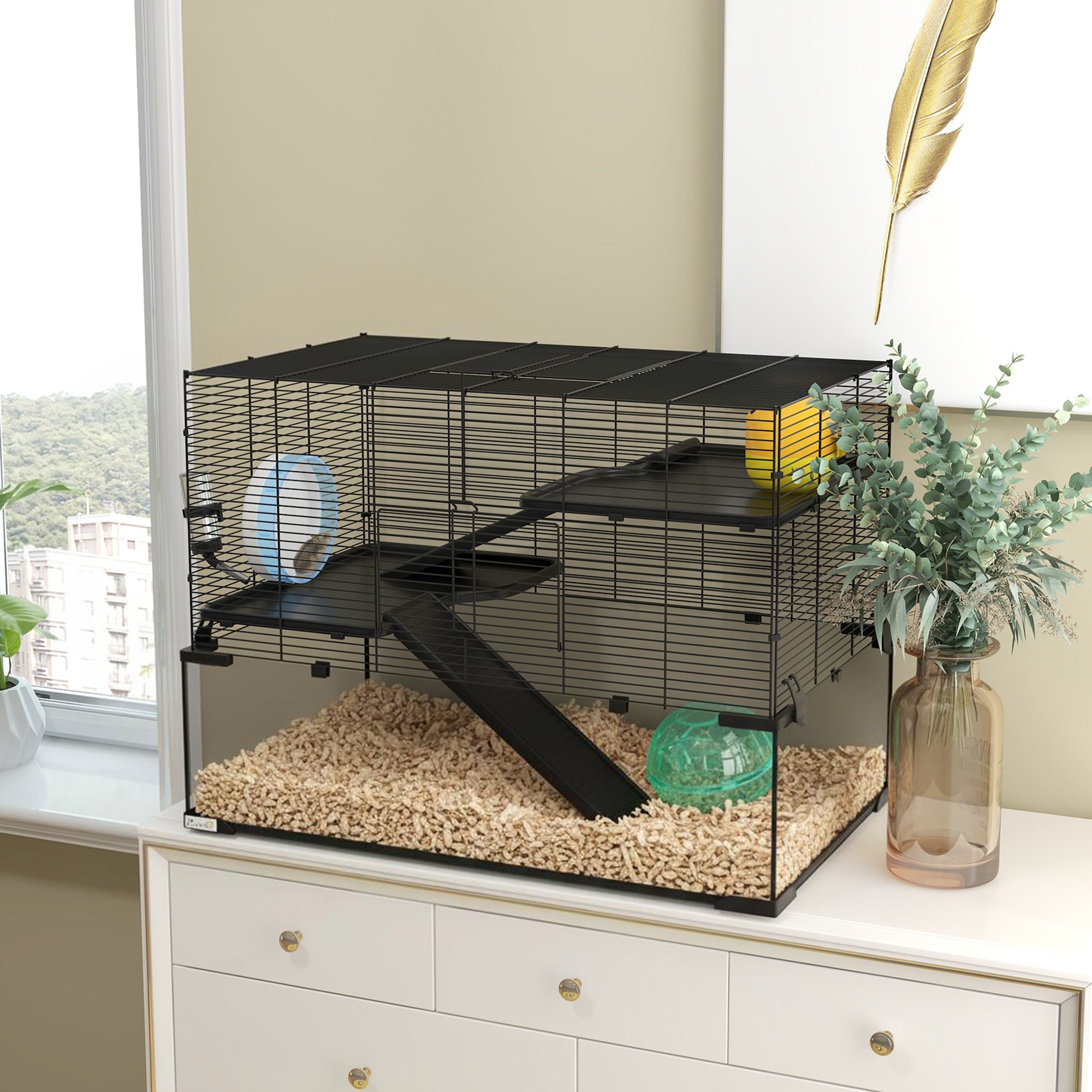 31" Hamster Cage, Gerbil Cage with Glass Basin for Small Hamsters, Black
