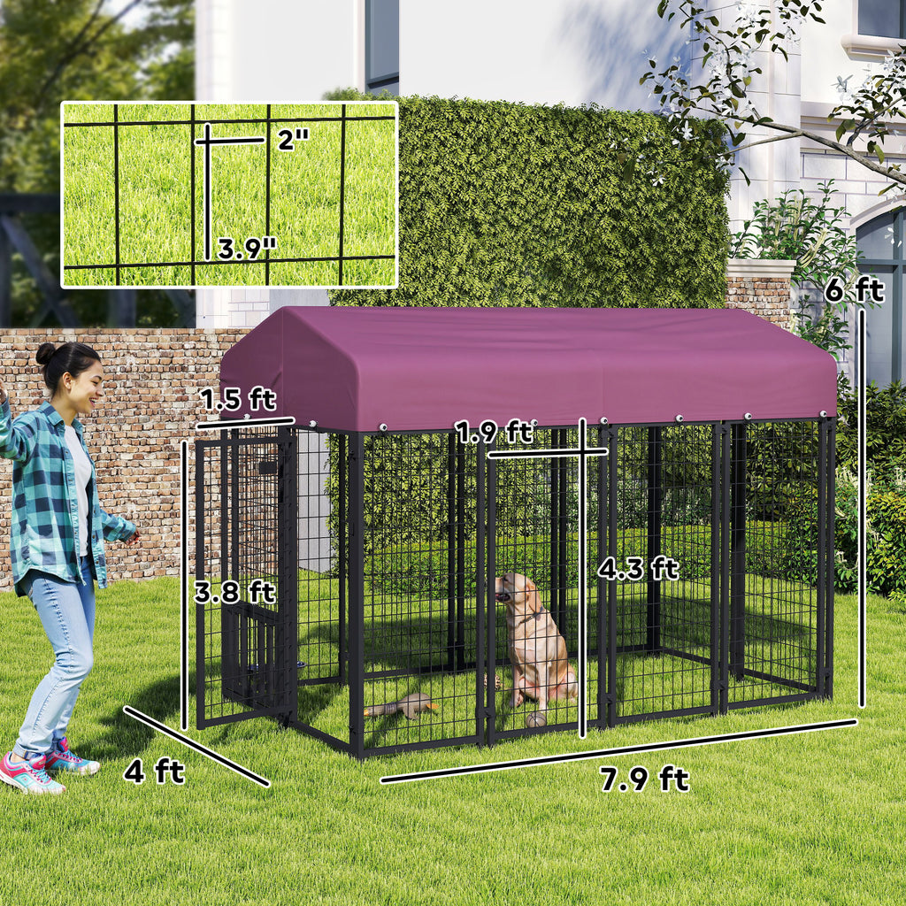 Welded Wire Outdoor Dog Kennel with 360¡ã Rotating & 4 Levels Adjustable Bowls, Waterproof Cover, 7.9' x 4' x 6'