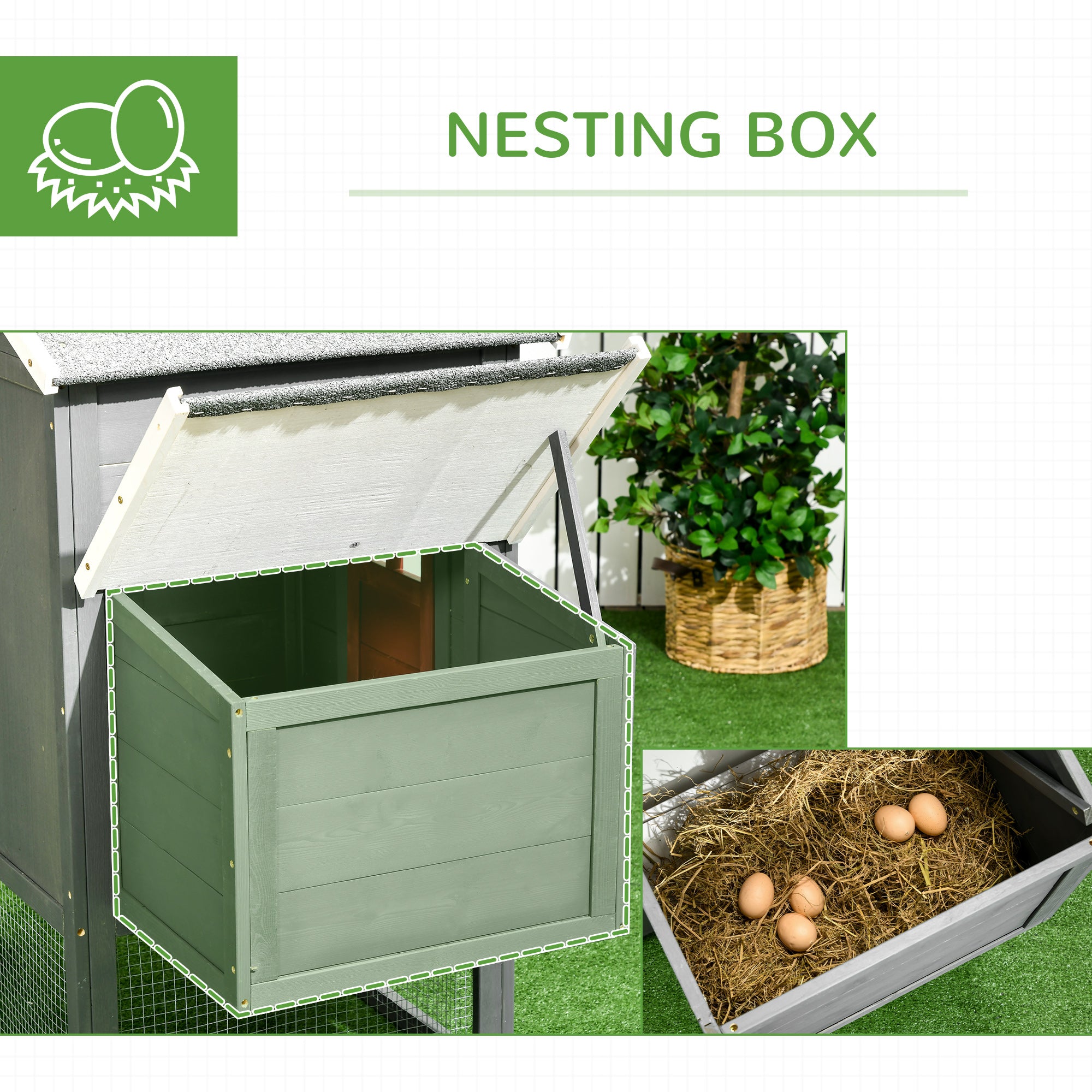 118" Extra Large Chicken Coop with Asphalt Roof, Wooden Hen Run with Slide-Out Tray and Nesting Box, Chicken Hutch for 3-6 Chickens, Gray