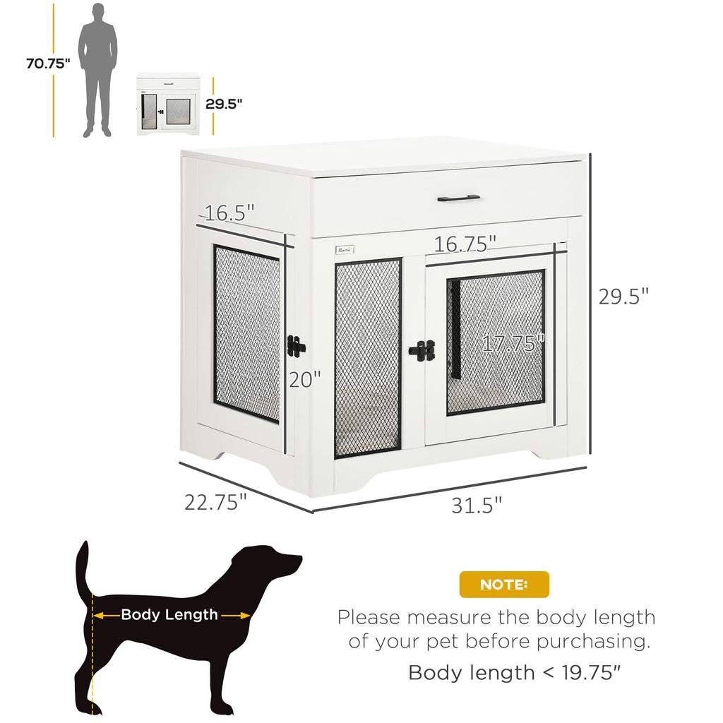 Dog Crate Furniture with Soft Water-Resistant Cushion, Dog Kennel End Table with Drawer, Puppy Crate for Small Dogs Indoor with 2 Doors, White