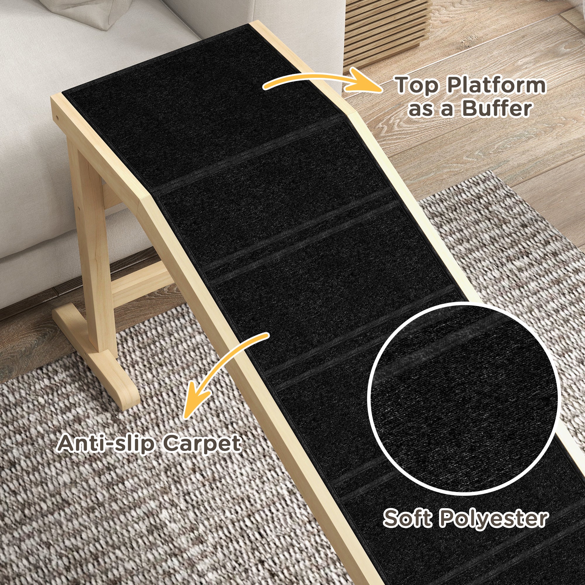 Dog Ramp for Bed, Pet Ramp for Dogs with Non-Slip Carpet and Top Platform, 74" x 16" x 25", Natural