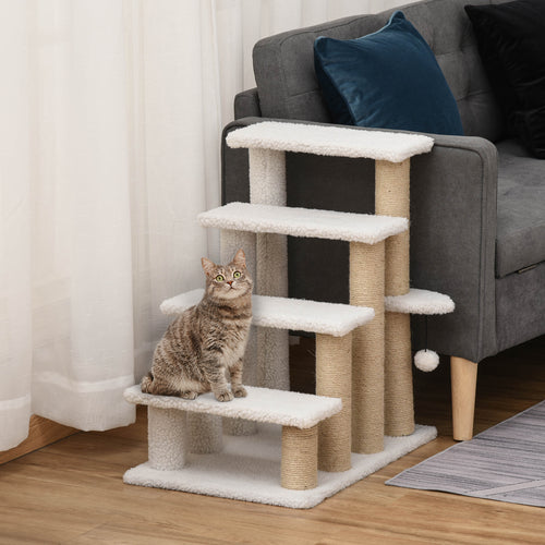 4-Tier Cat Steps with Scratching Posts, Pet Stairs for High Bed & Sofa, Indoor Cat Climbing Ladder, White