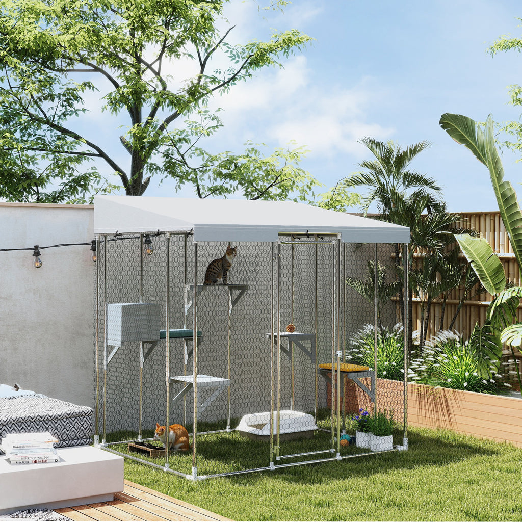 79" Galvanized Steel Large Catio with Waterproof Canopy, Sleeping Box, Jumping Platforms, for 1-3 Kittens, Silver