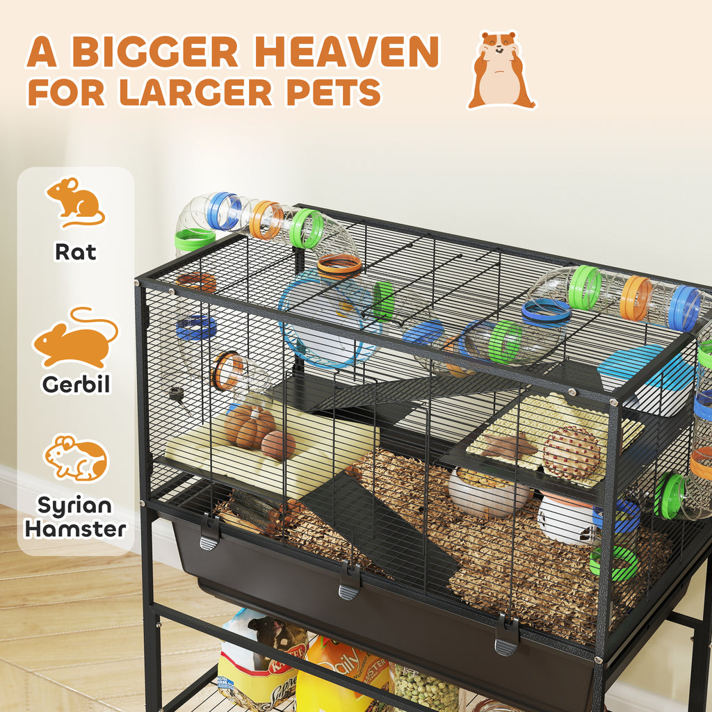 3-Tier Rolling Hamster Cage with Wheels - Large Rat Cage with Deep No-Leak Tray, Storage Shelf & Exercise Wheel, Full Habitat with Tubes, Hut, Gray