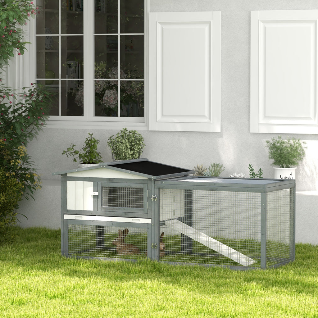 Large Rabbit Cage Outdoor 61"L Guinea Pig Hutch w/ Run Feeding Trough Removable Tray Ramp Asphalt Roof, White