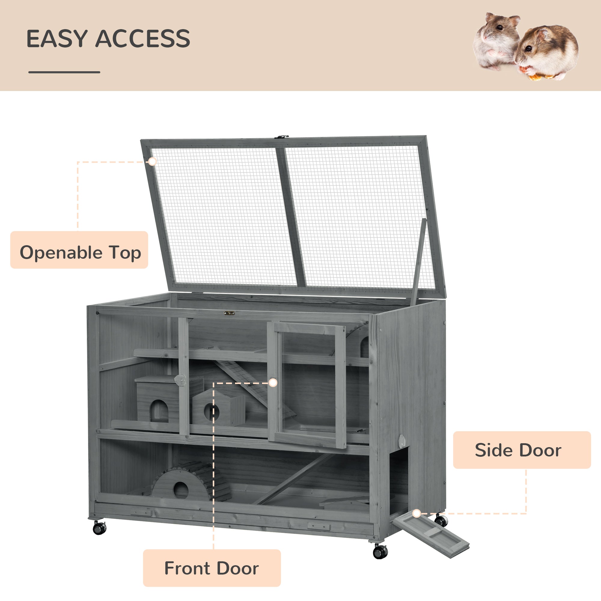 3-Tier Hamster Cage Hutch Box with Ladder Wheels for Small Animals
