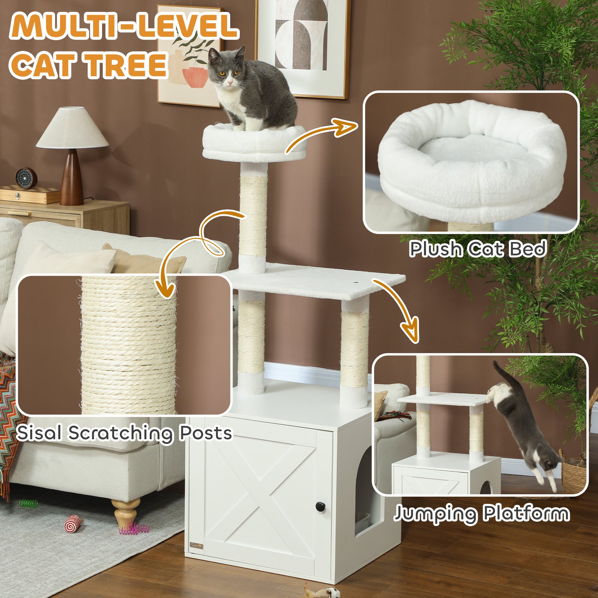 Cat Tree with Litter Box Enclosure, Scratching Posts, Bed, Climbing Platforms for Indoor Cats, White