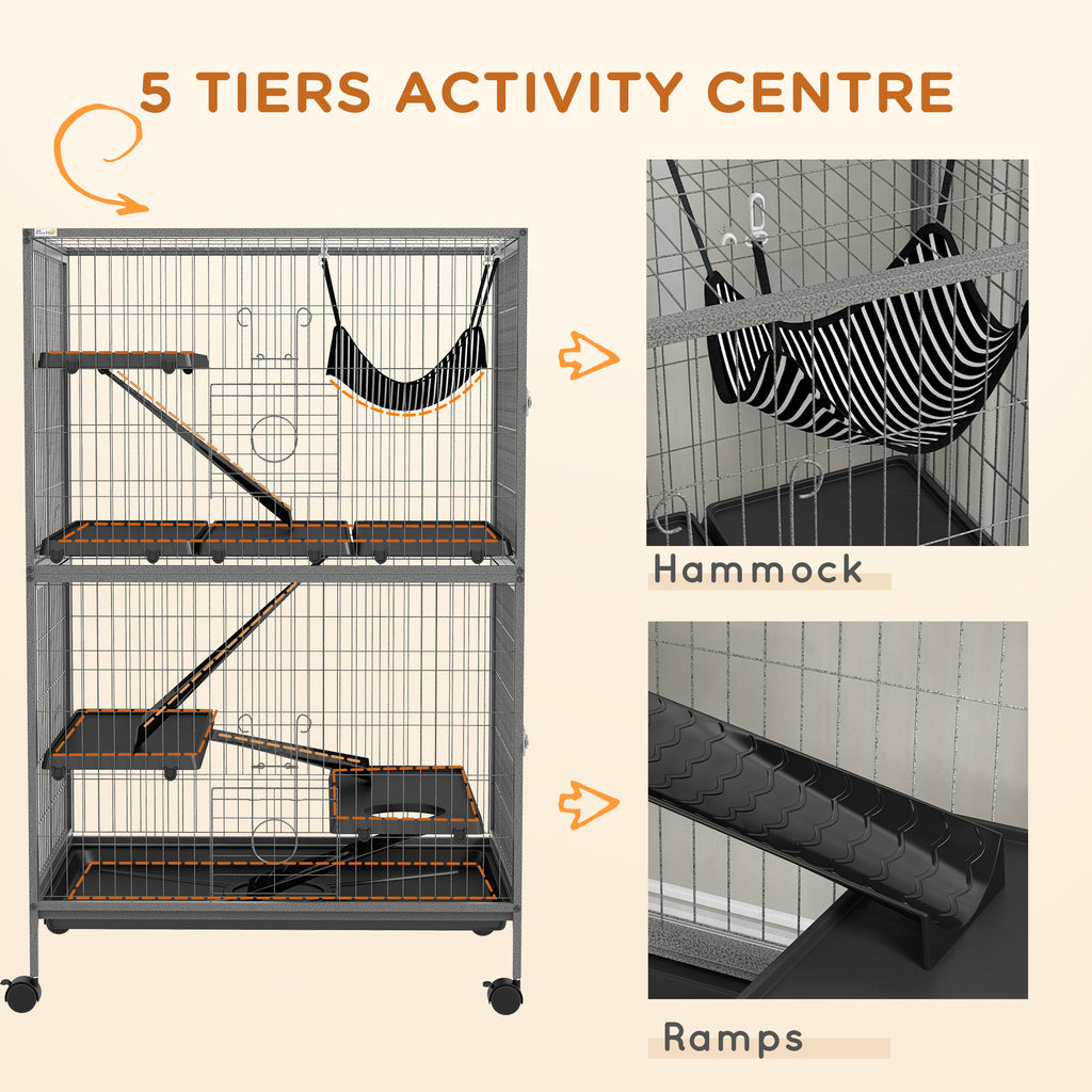50" H Rolling Small Animal Cage with Hammock, Ferret Cage, Chinchilla Cage, Pet Habitat with 4 Doors, Removable Tray