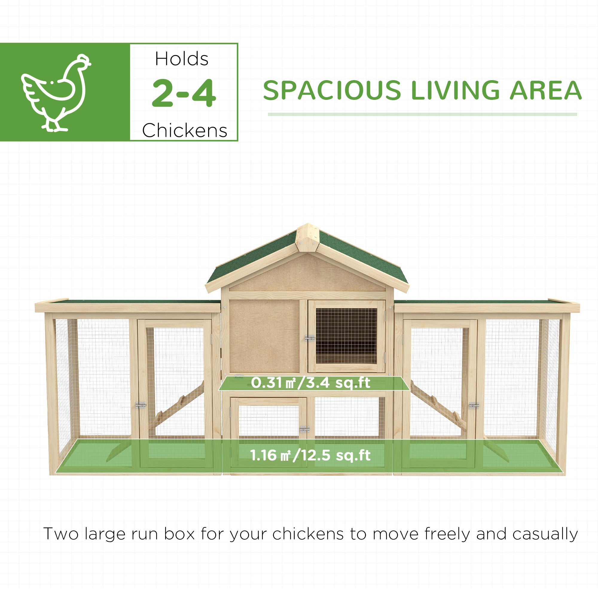 Wooden Chicken Coop ith Nesting Box, Double Runs, Removable Tray, Ramps, for Garden Backyard