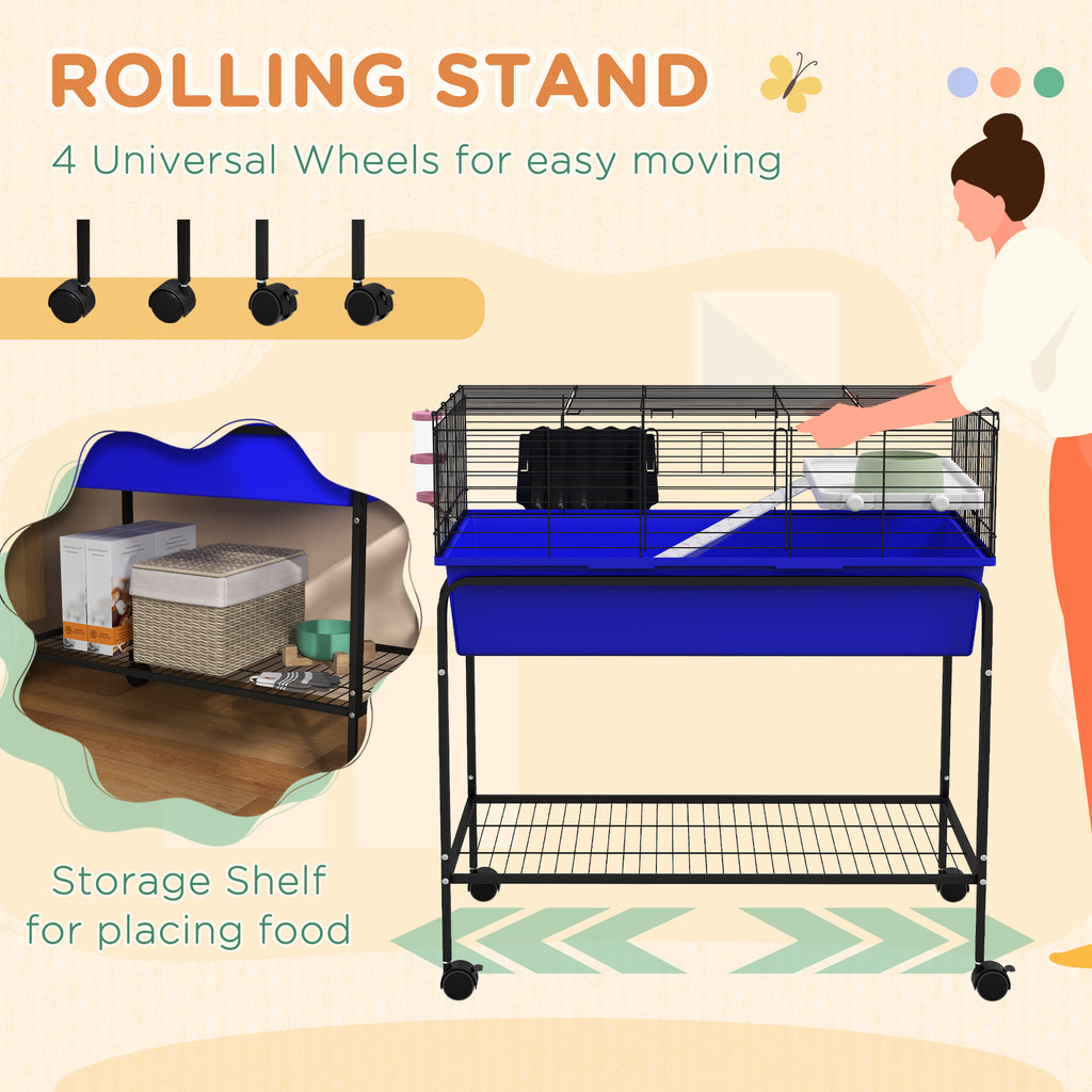 Two-Story Small Animal Cage Removable from Stand, Pet Habitat with Shelf & Wheels, 33" x 18.5" x 35", Blue