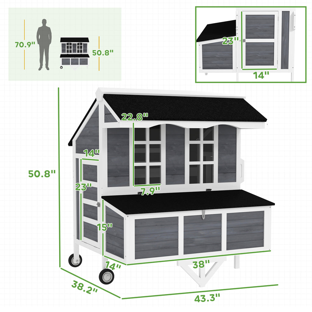 43" Mobile Chicken Coop with Wheels, Wooden Chicken Tractor with Nesting Box & Pull-Out Tray, Outdoor Hen House for 2¨C4 Chickens, Gray