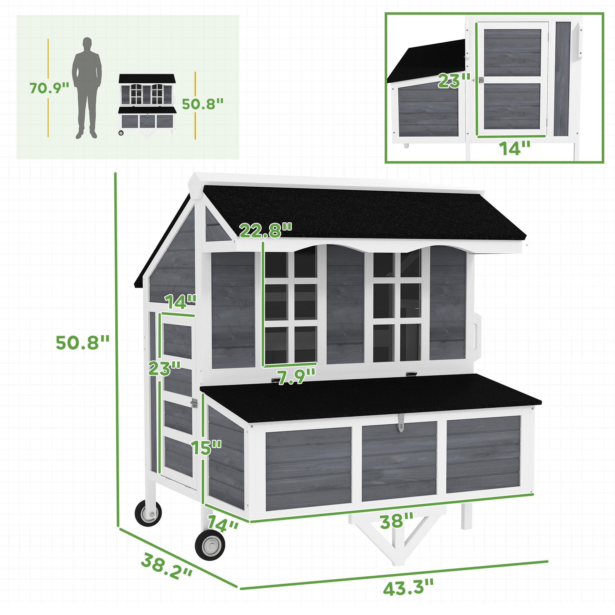 43" Mobile Chicken Coop with Wheels, Wooden Chicken Tractor with Nesting Box & Pull-Out Tray, Outdoor Hen House for 2¨C4 Chickens, Gray