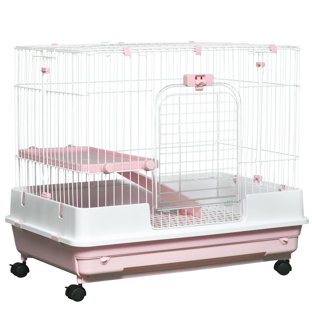 2-Level Small Animal Cage Rabbit Hutch with Wheels, Removable Tray, Platform and Ramp for Bunny, Chinchillas, Ferret, Pink