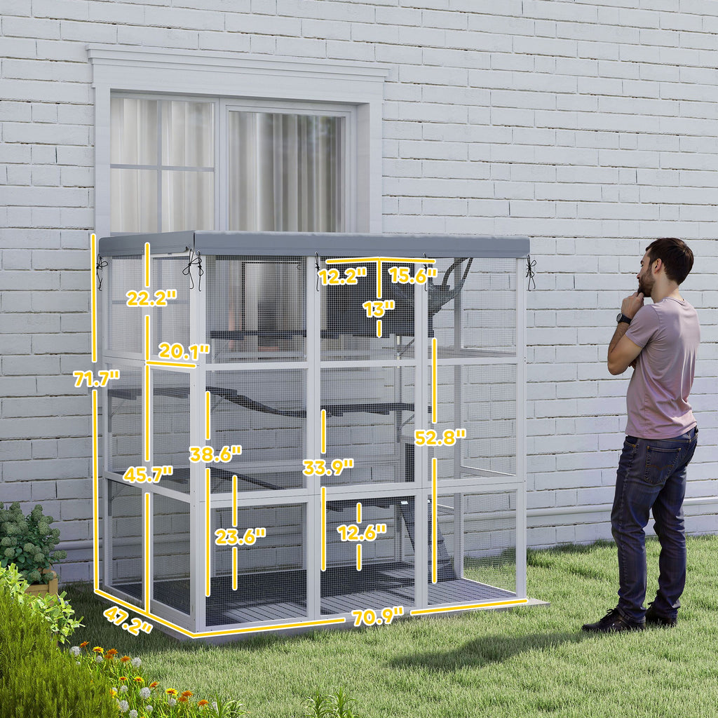 Large Outdoor Catio Cat Enclosure with Hammock, Condo, Jump Platforms, Ladders, Ramps, Tarp, for 2-4 Large Cats, Gray