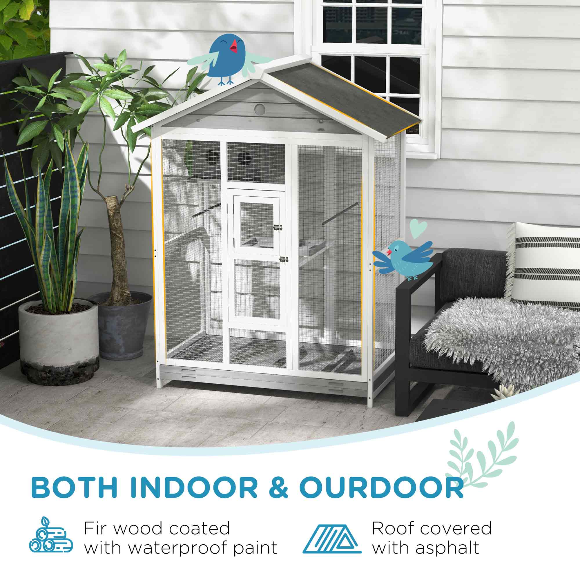 64.5" Wooden Bird Cage Aviary, Flight Cage with 4 Perches, Nest and Slide-Out Tray for Indoor/Outdoor, Gray