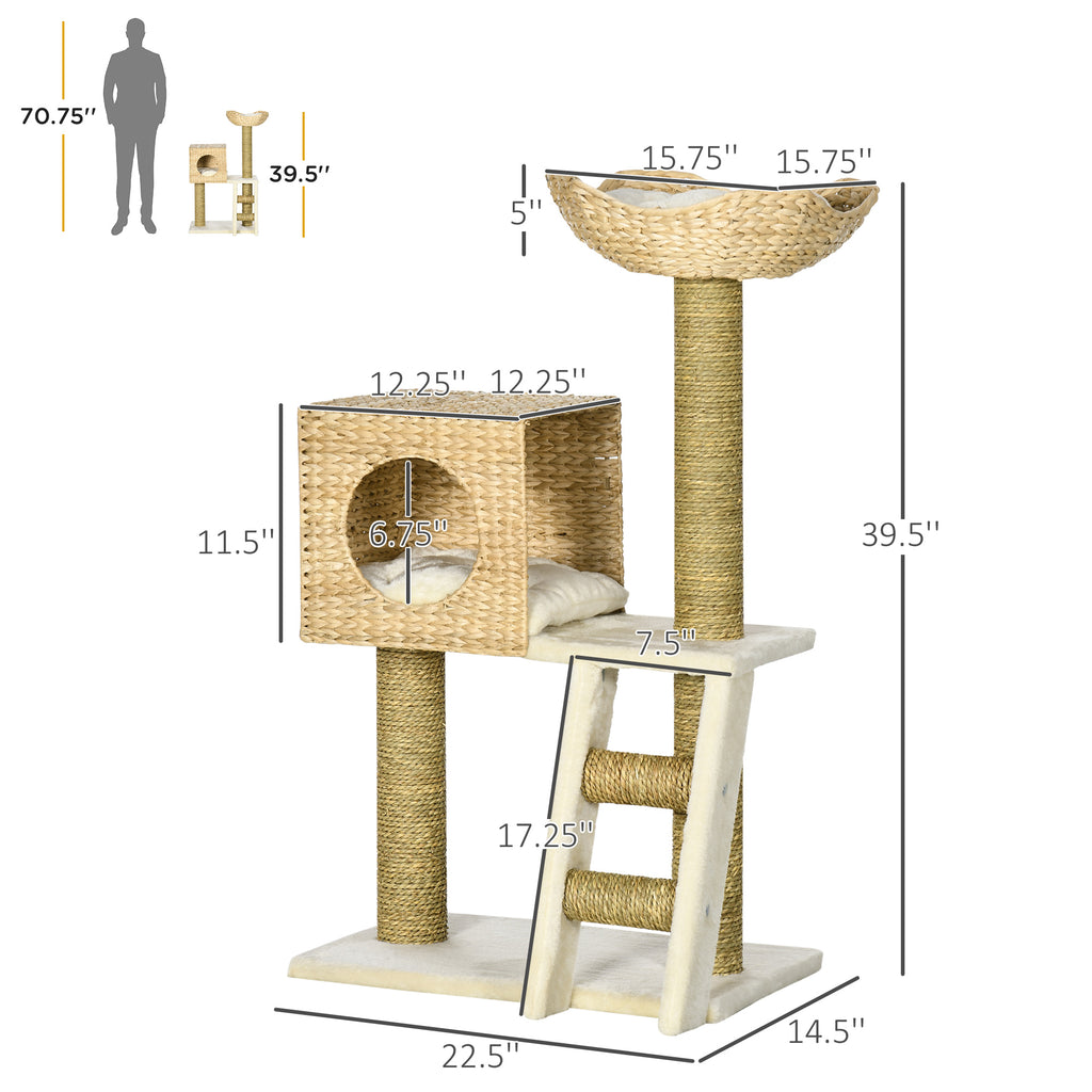 39.5" Natural Cattail Weave Cat Tree - Boho Rattan Cat Tower with Wicker Condo & Bed, 3-Tier Kitty Activity Center with Ladder & Washable Cushions