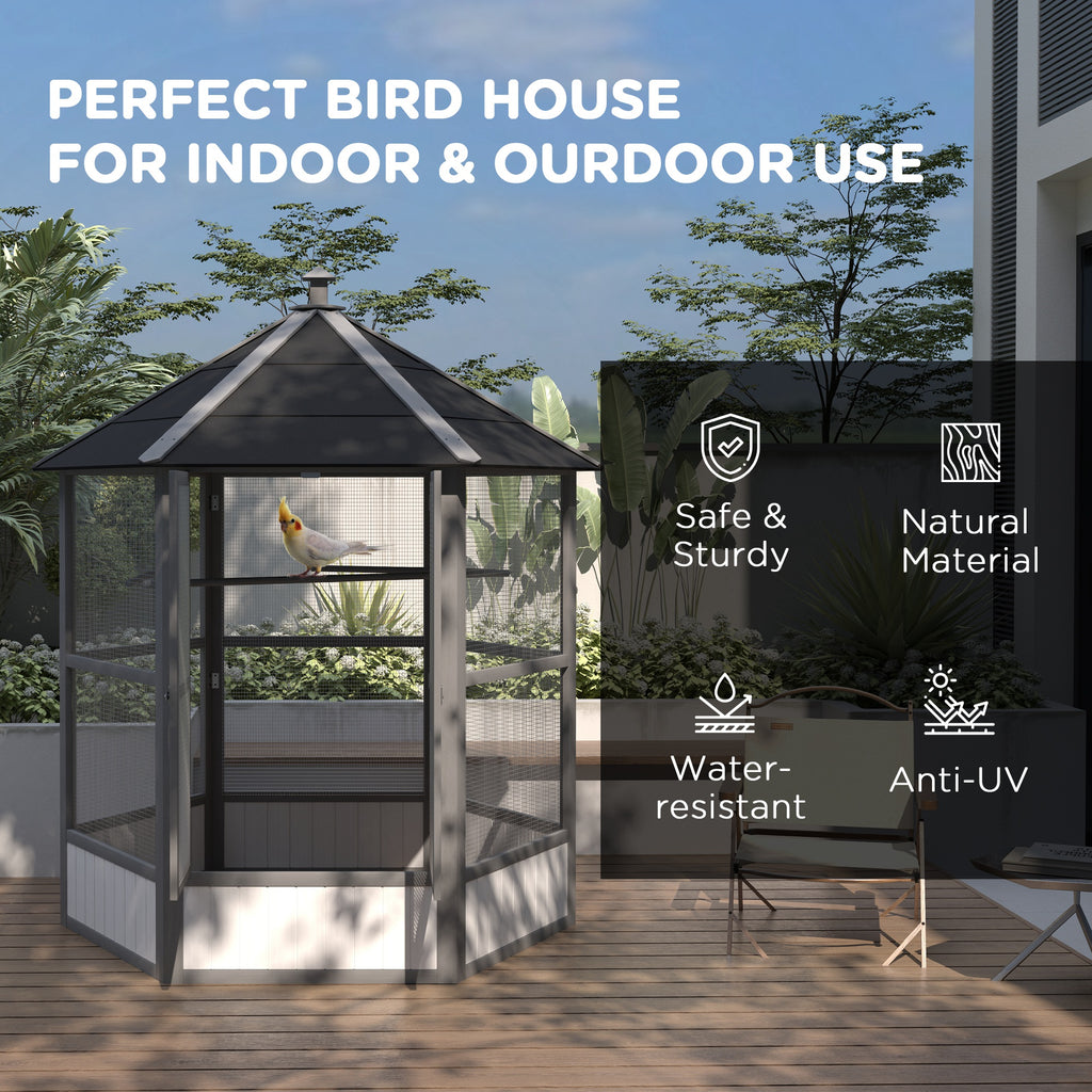 69" Wooden Hexagonal Outdoor Aviary Flight Bird Cage With Covered Roof, Light Gray