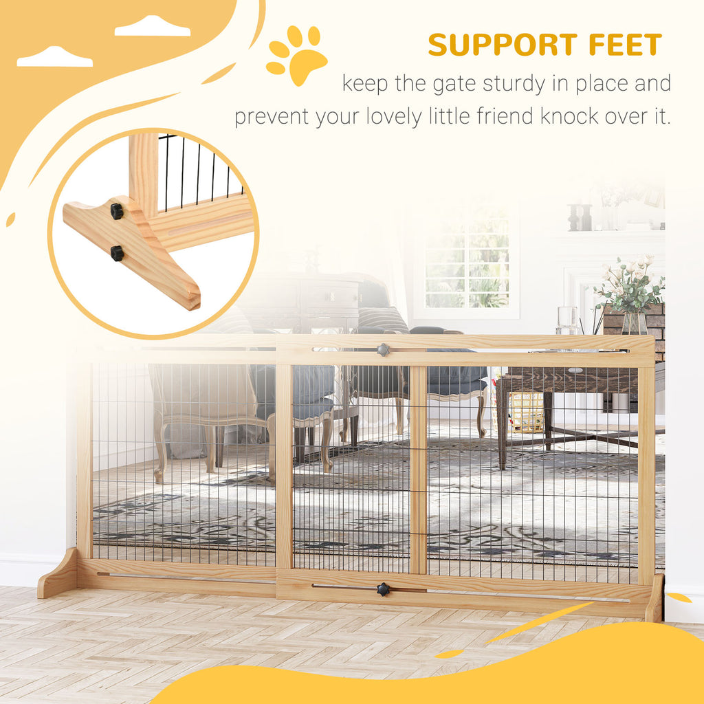 71" W x 27" H Extra Wide Freestanding Pet Gate with Adjustable Length Dog, Cat, Barrier for House, Doorway, Hallway, Natural