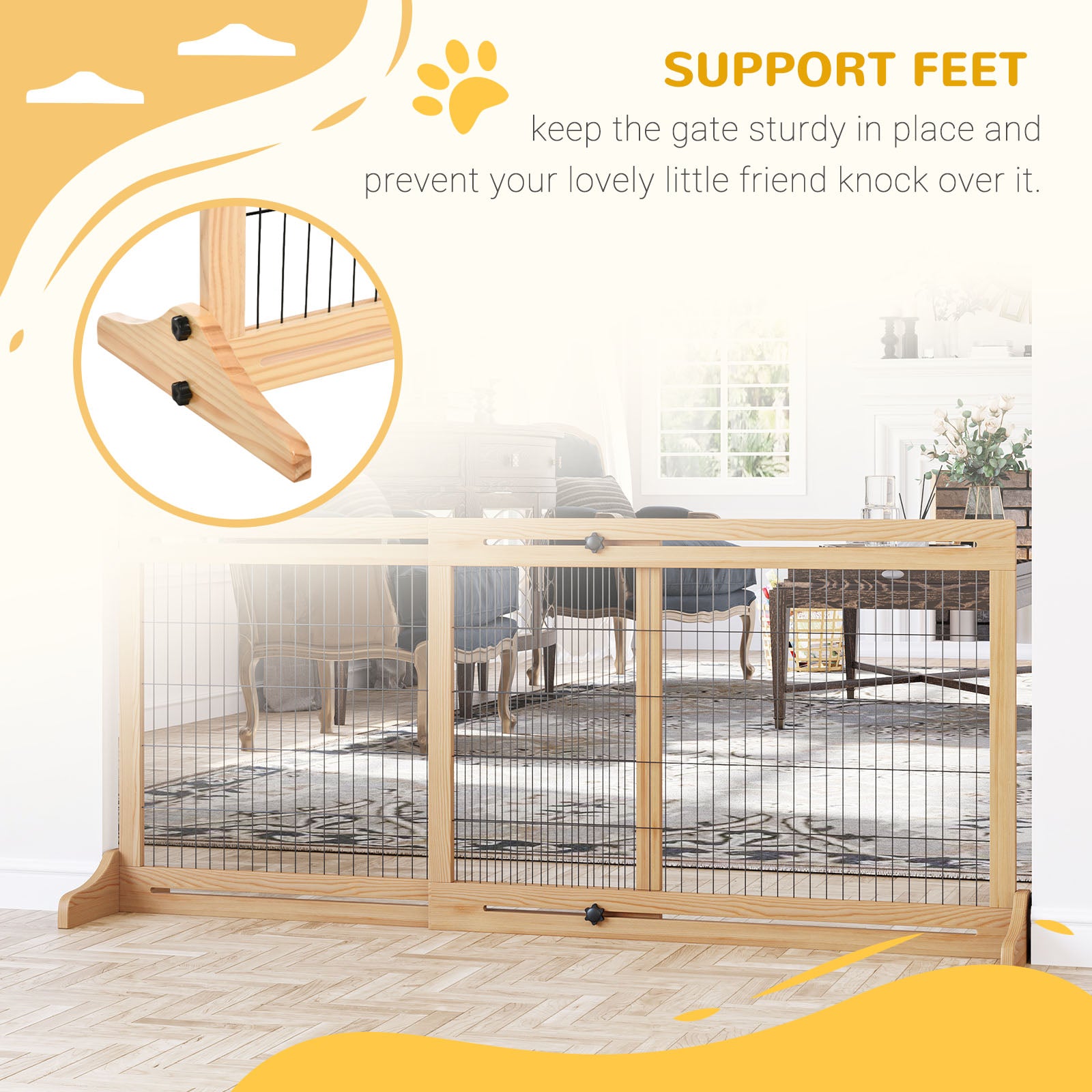 71" W x 27" H Extra Wide Freestanding Pet Gate with Adjustable Length Dog, Cat, Barrier for House, Doorway, Hallway, Natural
