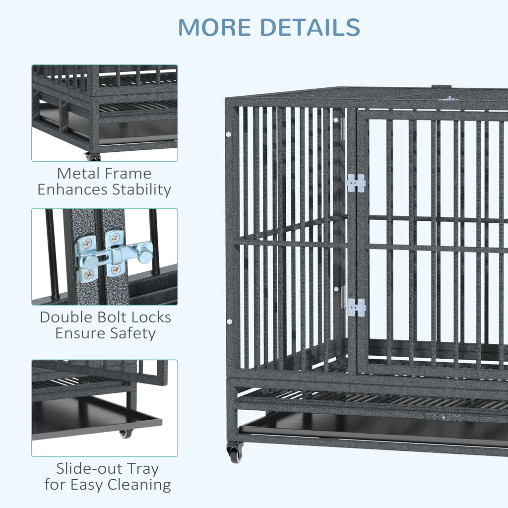 43" Heavy Duty Dog Crate Metal Cage Kennel with Lockable Wheels, Double Door and Removable Tray, Gray