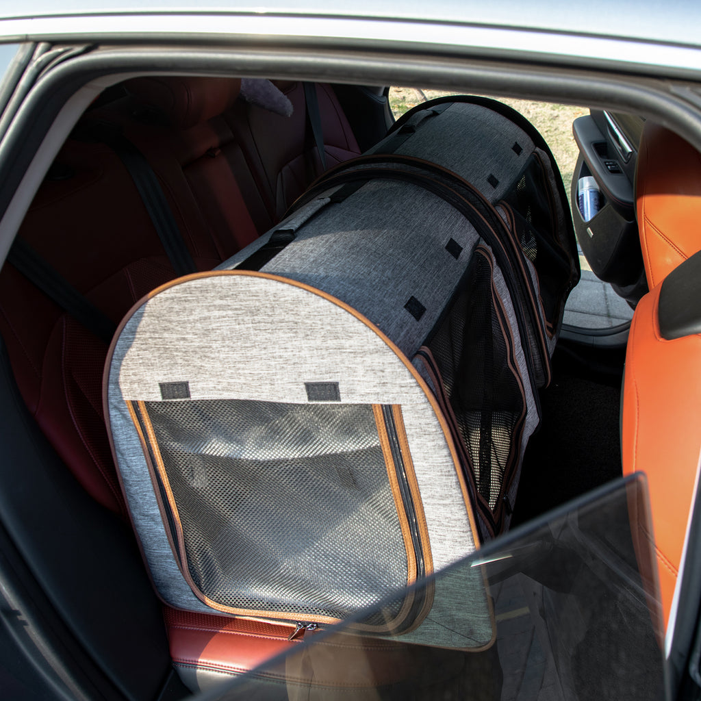 Pet carrier inside a car with orange interior