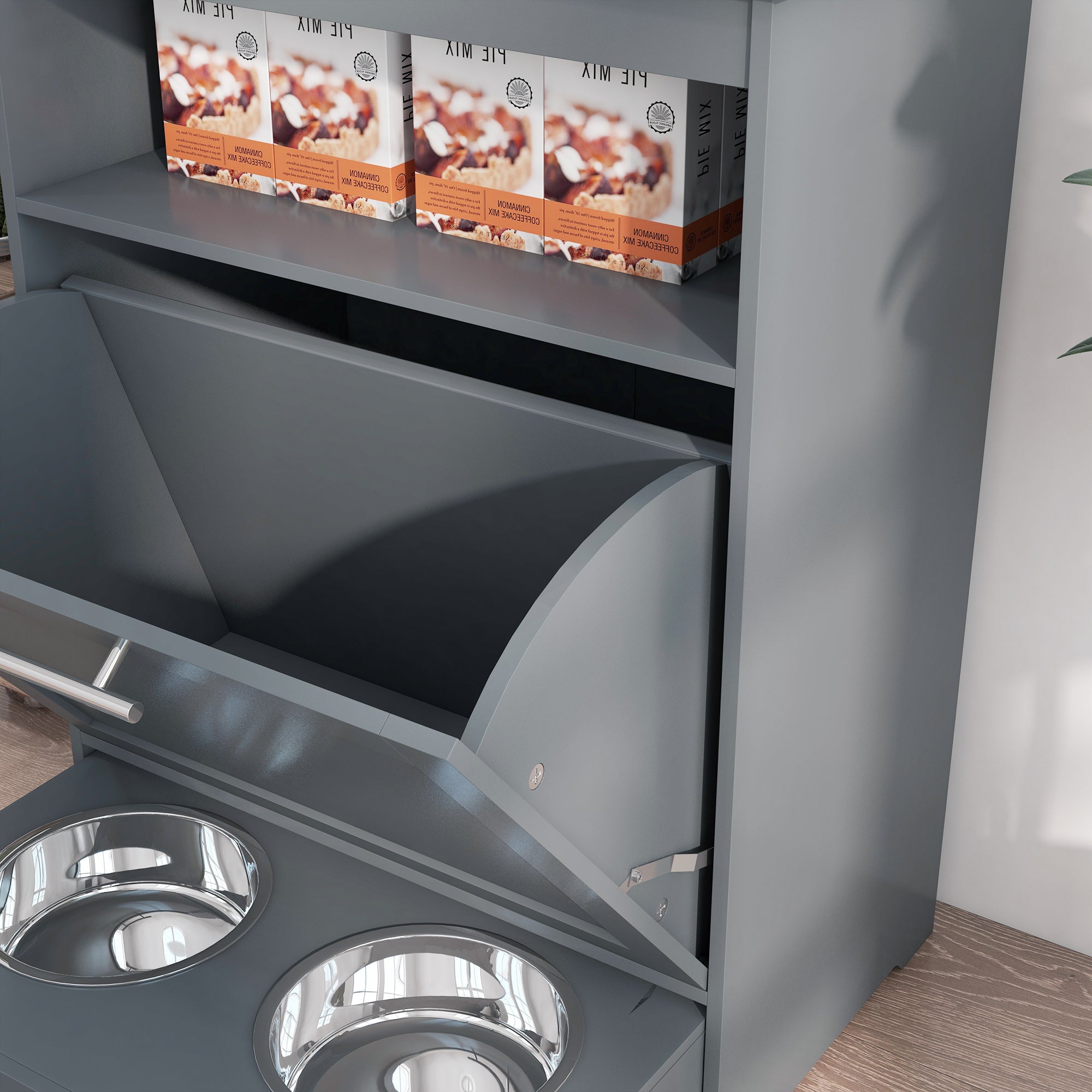 Pet Feeder Station Storage Cabinet, Dog Food Storage Container with Dog Raised Bowls, Watering Supplies, Gray