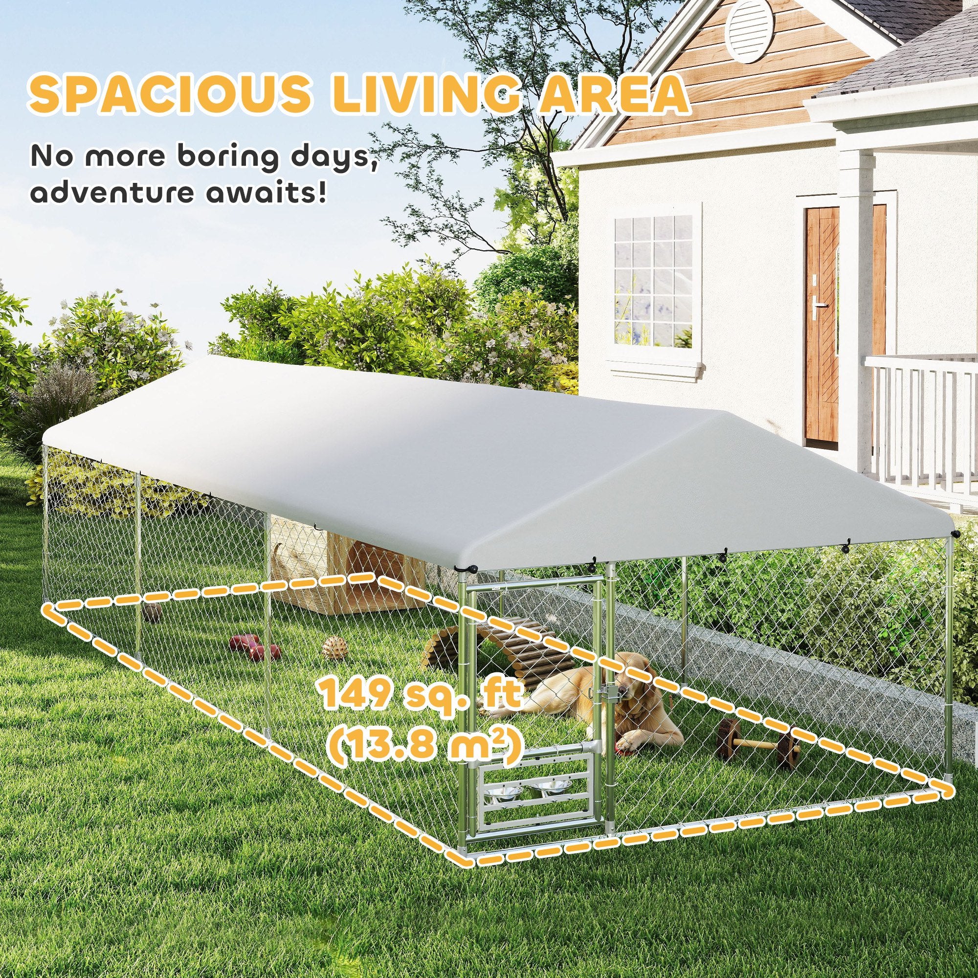 Outdoor Dog Kennel with Adjustable & Rotatable Bowl Rack, Waterproof Cover, Secure Lock, 19.7' x 7.5' x 5.2'