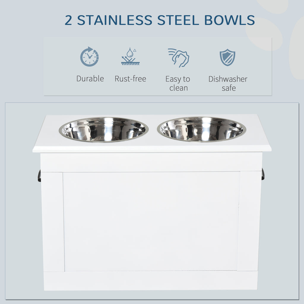 Raised Pet Feeding Storage Station with 2 Stainless Steel Bowls Base for Large Dogs and Other Large Pets, White