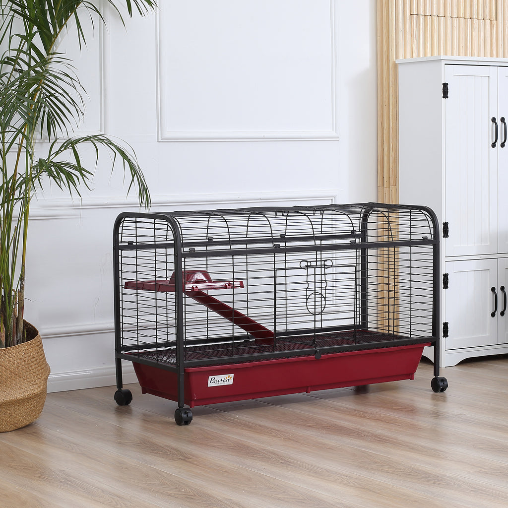 41"L Small Animal Cage, Pet Play House for Rabbit Hutch Ferret with Feeder, Rolling Wheels, Platform, Ramp