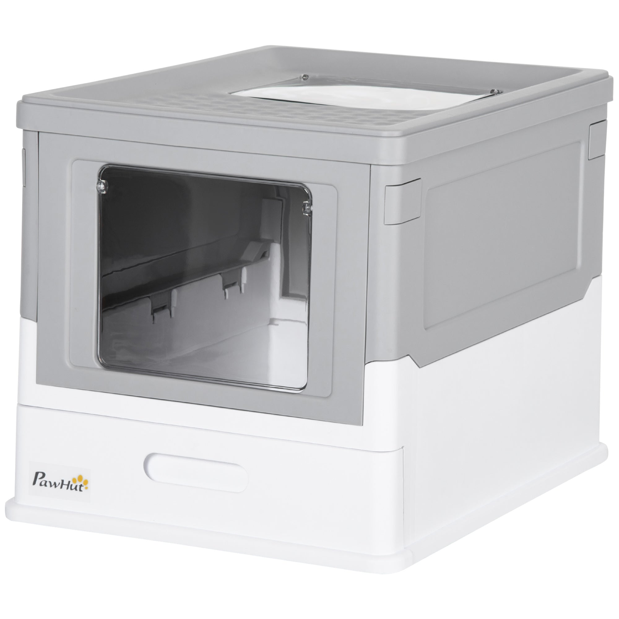 Fully Enclosed Cat Litter Box with Front Entry and Top Exit, Plastic, Gray & White