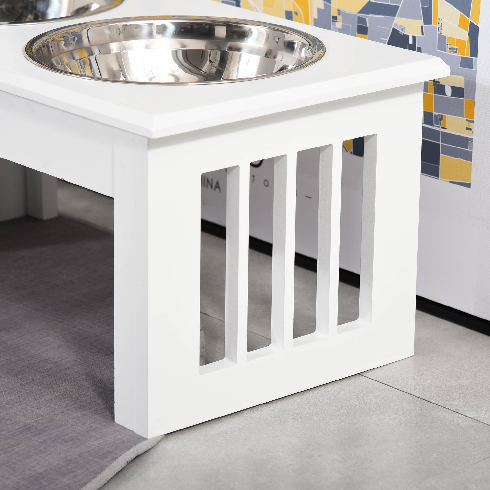 6" Height Small Puppy Dog Feeding Station for Messy Pets, Stainless Steel Elevated Dog Bowls with Modern Wooden Frame, Dog Food Stand Pet Feeding Station, White