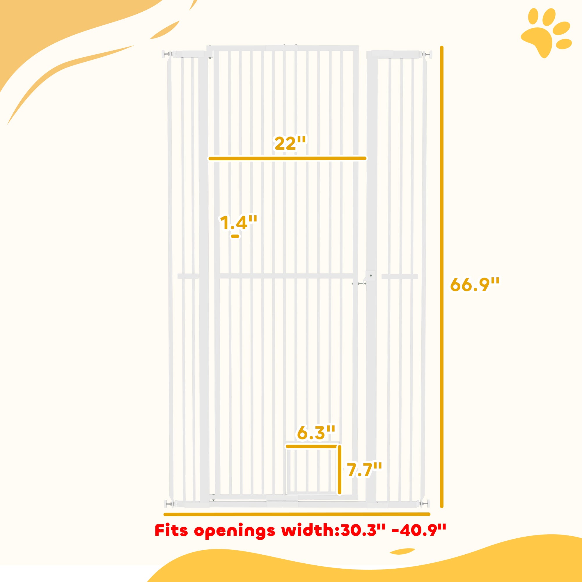 67" Extra Tall Pet Gate, 30"-41" Dog Gate with Cat Door, 1.4" Narrow Gap, 2.8" and 5.5" Extension, for Doorway, Hallway