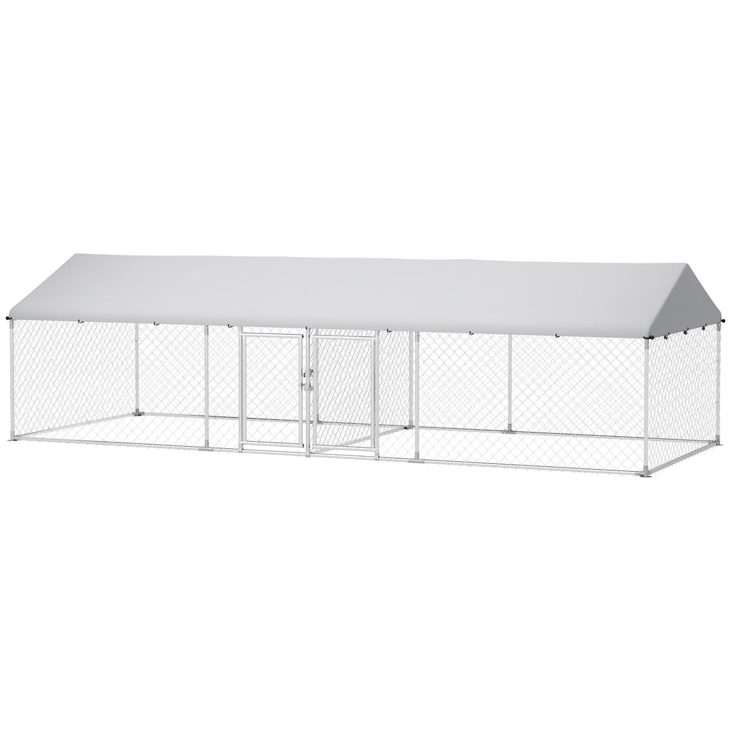 Two Room Outdoor Dog Kennel, Dog Run with Roof, Waterproof UV-Resistant Cover, Secure Lock, 19.7' x 7.5' x 5.2'