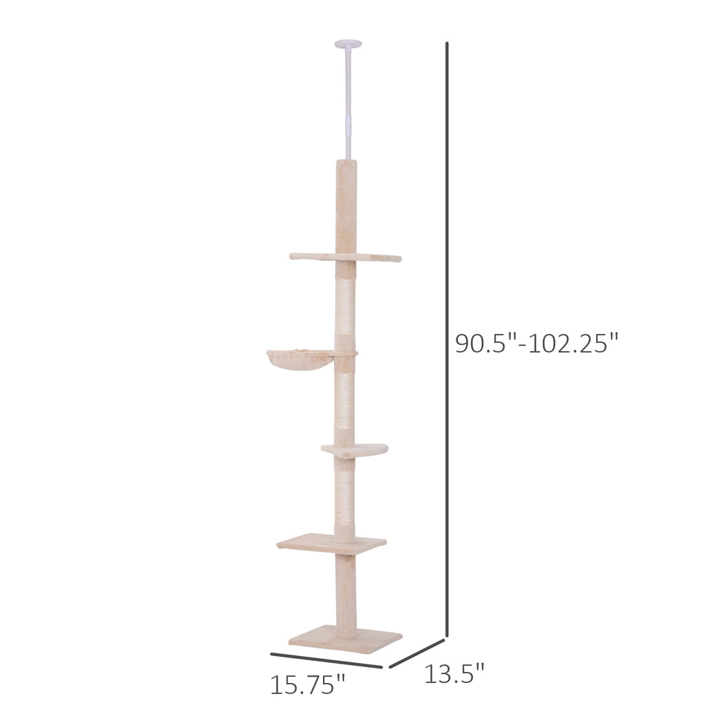 102" Adjustable Floor to Ceiling Cat Tree - 5-Level Tall Cat Tower with Sisal Scratching Posts & Cozy Hammock, No-Drill Tension Mount, Beige - Space-Saving Indoor Activity Center for Large Cats