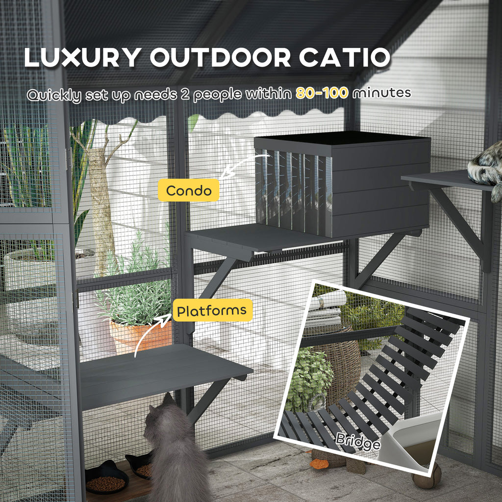 Wooden Catio Outdoor Cat Enclosure with Waterproof Cover, 2 Condos, 4 Platforms, Bridge, Doors, Gray