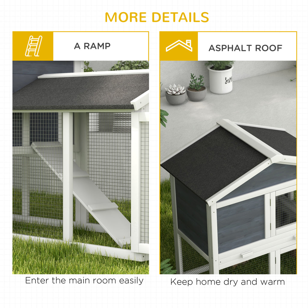 58" Wooden Rabbit Hutch with Run, Removable Tray, Asphalt Roof,  Lockable Doors and Ramp, Gray