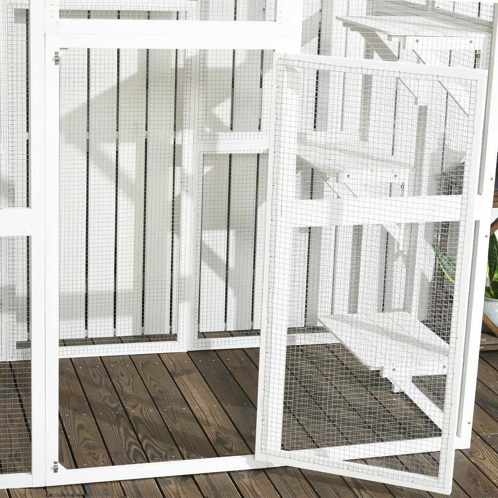 Outdoor Cat House Big Catio Wooden Feral Cat Shelter Enclosure with Large Spacious Interior, 6 High Ledges, Weather Protection Asphalt Roof, 71" L, White