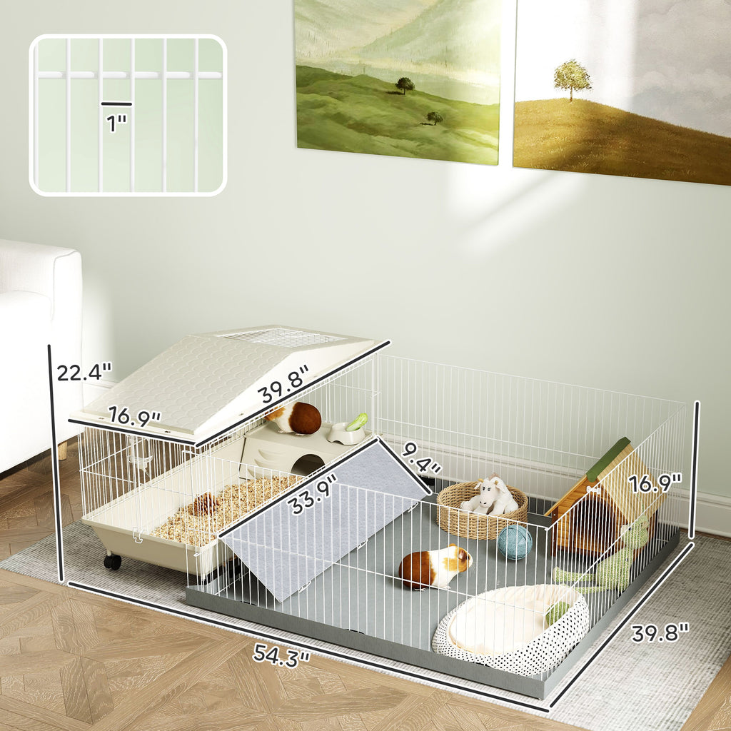 Guinea Pig Cage with Removable Playpen, Waterproof Pad, Hay Feeder & Water Bottle, Small Animal Habitat for Indoor Use