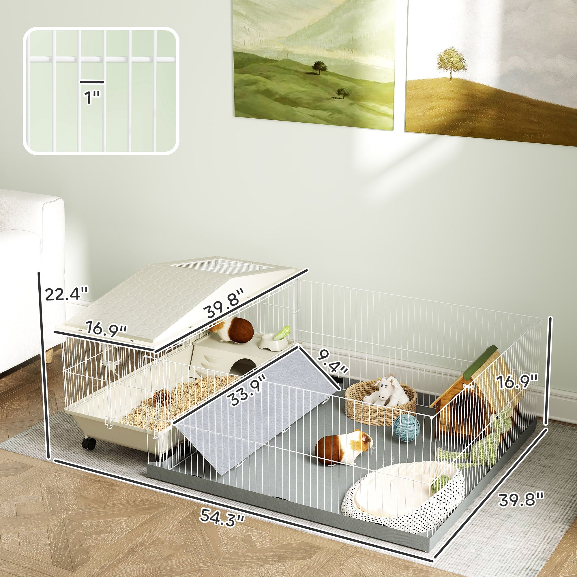 Guinea Pig Cage with Removable Playpen, Waterproof Pad, Hay Feeder & Water Bottle, Small Animal Habitat for Indoor Use