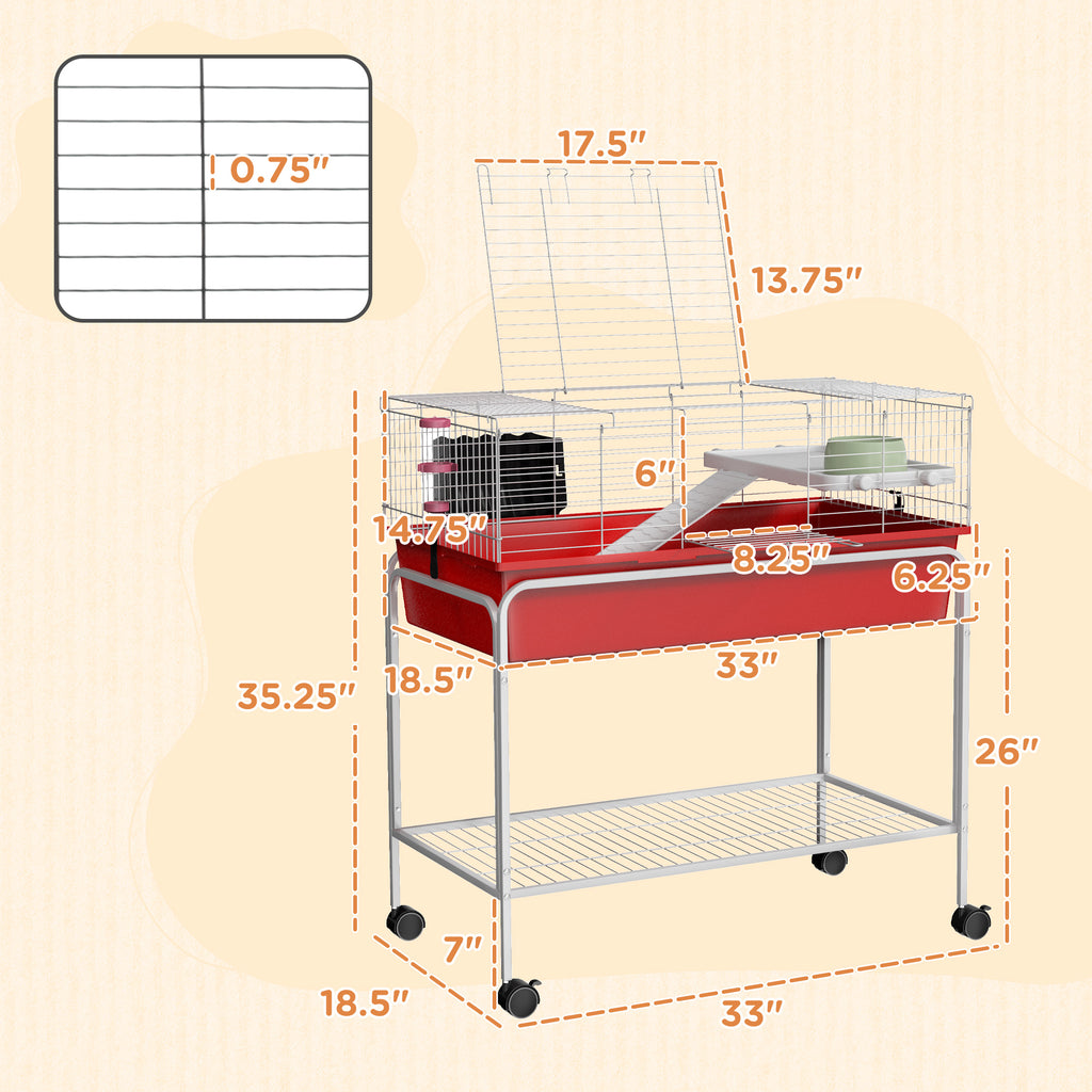 Two-Story Small Animal Cage Removable from Stand, Pet Habitat with Shelf & Wheels, 33" x 18.5" x 35", Red