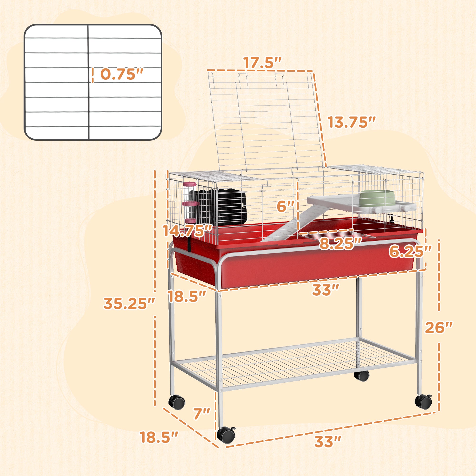 Two-Story Small Animal Cage Removable from Stand, Pet Habitat with Shelf & Wheels, 33" x 18.5" x 35", Red