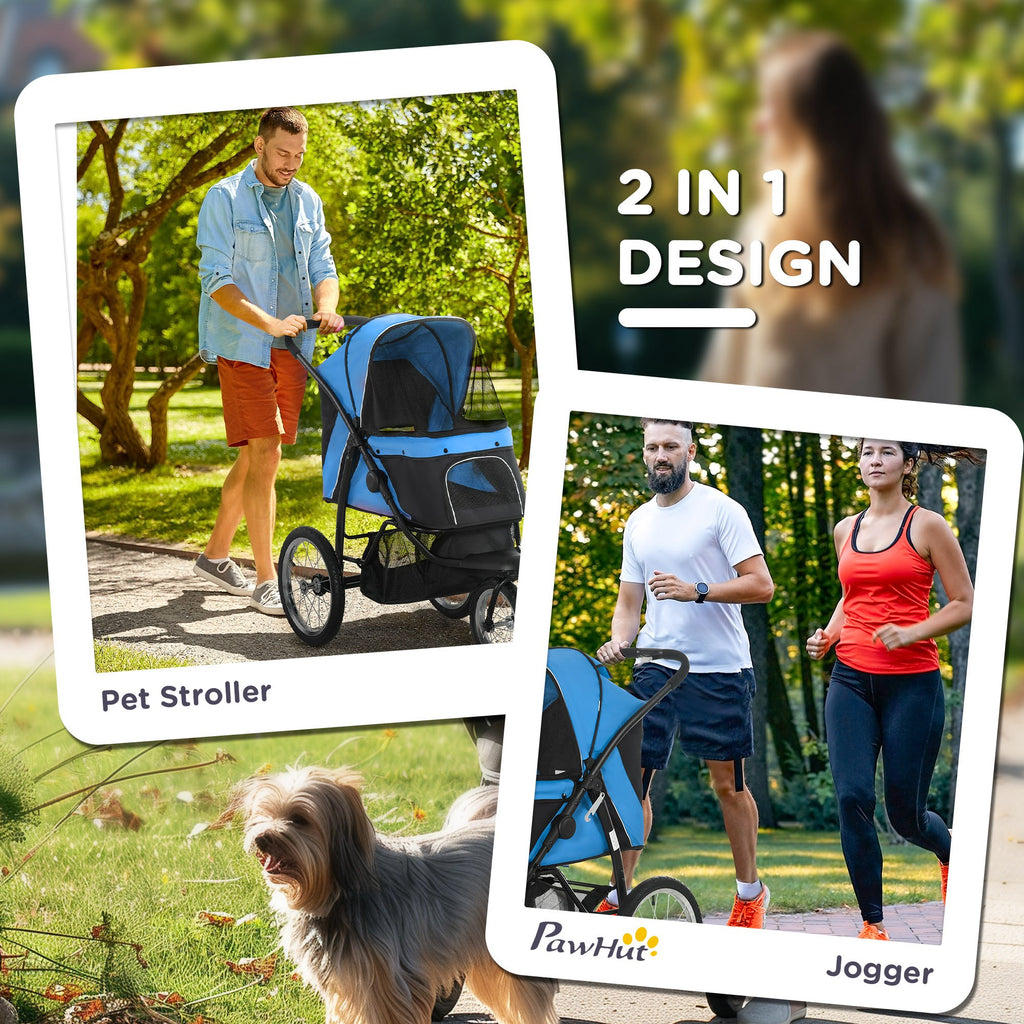 3 Wheels Pet Stroller for Small Dogs and Medium Dogs with Adjustable Canopy, Safety Tether, Storage Basket, Blue
