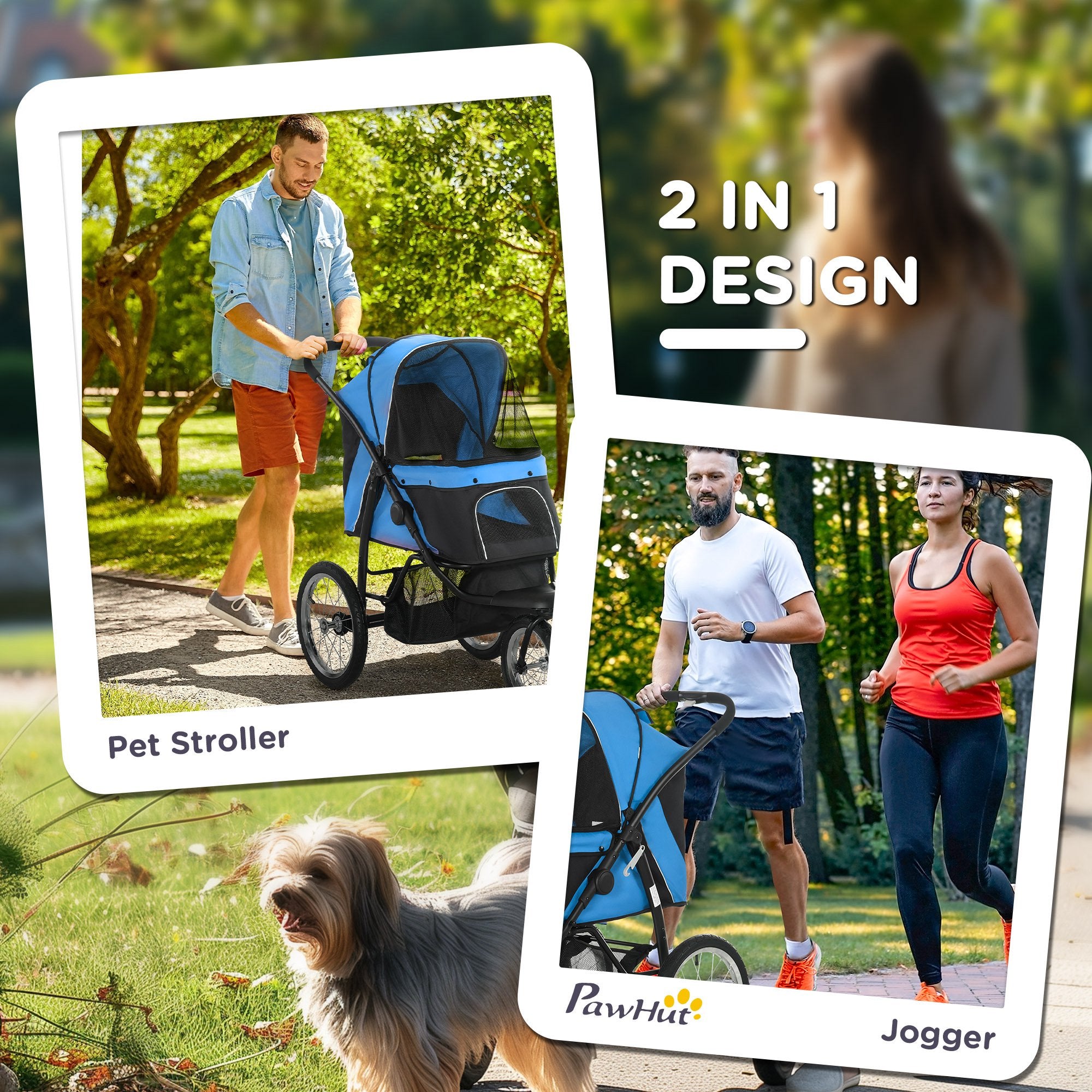 3 Wheels Pet Stroller for Small Dogs and Medium Dogs with Adjustable Canopy, Safety Tether, Storage Basket, Blue