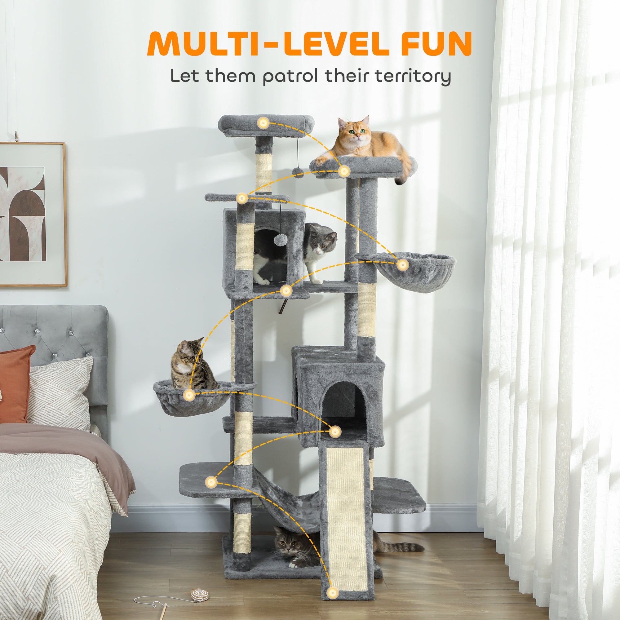 69" Tall Cat Tree for Indoor Cats - Multi-Level Cat Tower with 2 Condos & 3 Hammocks, 8 Sisal Scratching Posts, Dark Gray Furniture for Multiple Cats, Anti-Tip Stable Design